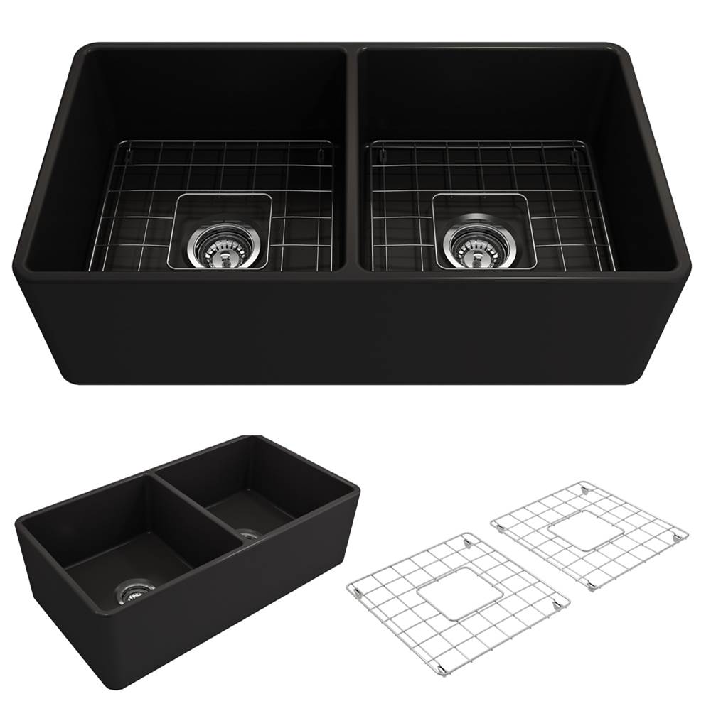 BOCCHI Classico Farmhouse Apron Front Fireclay 33 in. Double Bowl Kitchen Sink with Protective Bottom Grids and Strainers in Matte Black