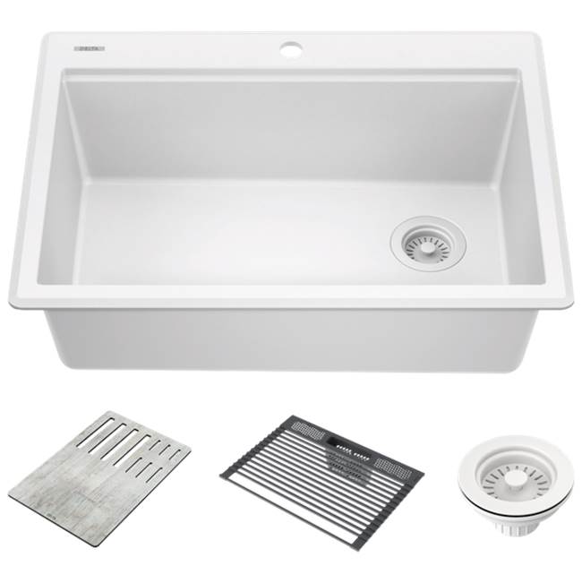 Delta Faucet DELTA® Everest™ 30'' Granite Composite Workstation Kitchen Sink Drop-In Top Mount Single Bowl with WorkFlow™ Ledge and Accessories in White