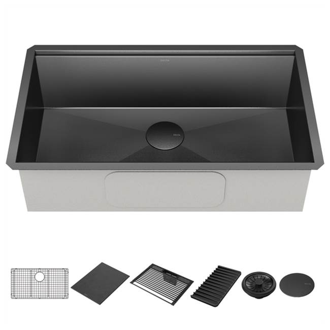Delta Faucet Delta® Rivet™ 32'' Workstation Kitchen Sink Undermount 16 Gauge Stainless Steel Single Bowl in PVD Gunmetal Finish with WorkFlow™ Ledge and Accessories