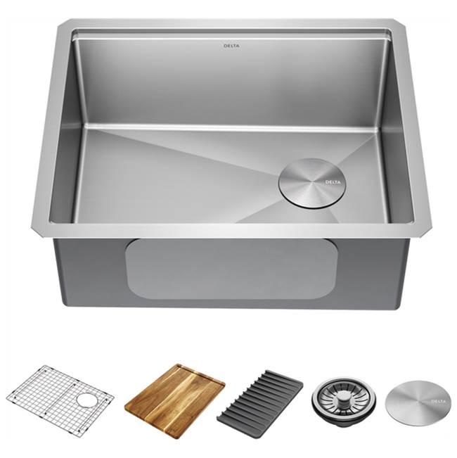 Delta Faucet Delta® Lorelai™ 23'' Workstation Kitchen Sink Undermount 16 Gauge Stainless Steel Single Bowl with WorkFlow™ Ledge and Accessories