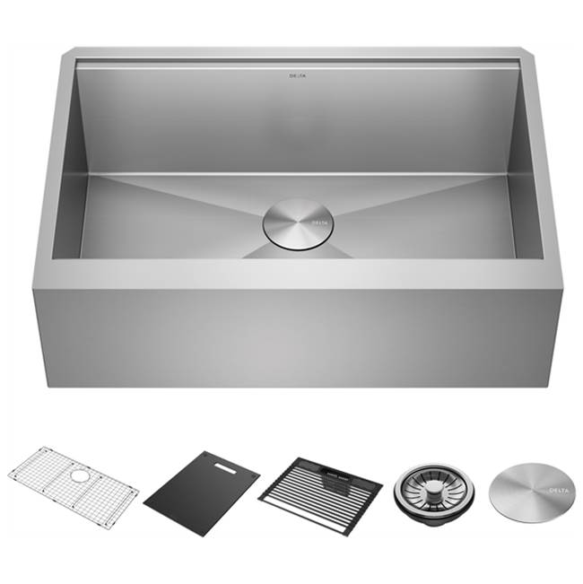 Delta Faucet Delta® Rivet™ 33'' Workstation Farmhouse Apron Front Kitchen Sink Undermount 16 Gauge Stainless Steel Single Bowl with WorkFlow™ Ledge and Accessories