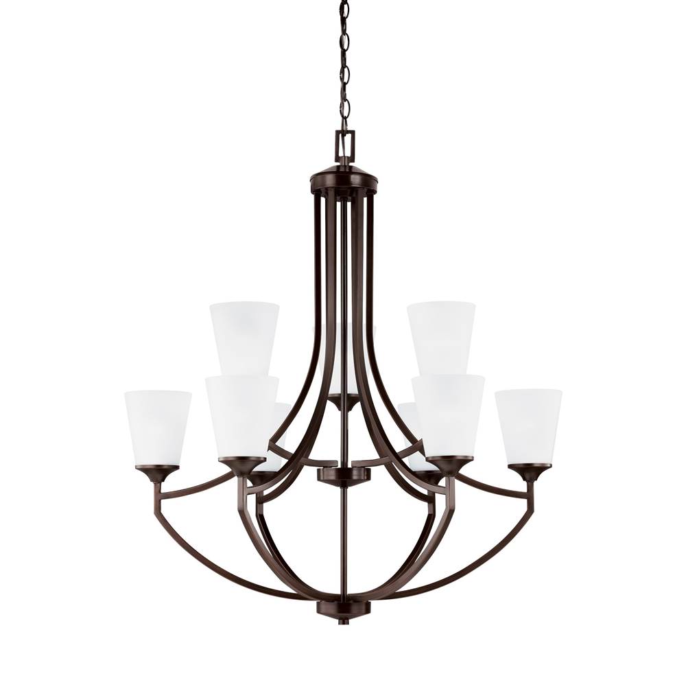 Generation Lighting Hanford Traditional 9-Light Led Indoor Dimmable Ceiling Chandelier Pendant Light In Bronze Finish With Satin Etched Glass Shades