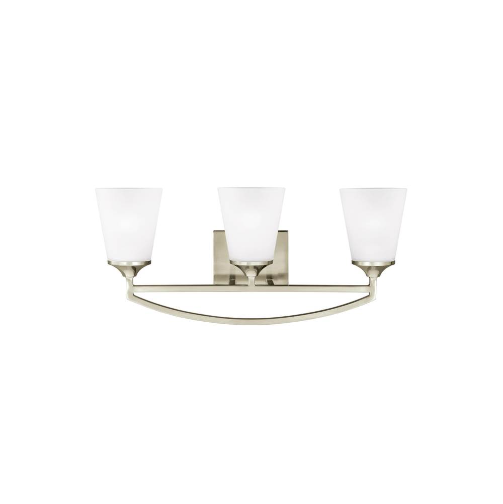 Generation Lighting Hanford Traditional 3-Light Led Indoor Dimmable Bath Vanity Wall Sconce In Brushed Nickel Silver Finish With Satin Etched Glass Shades