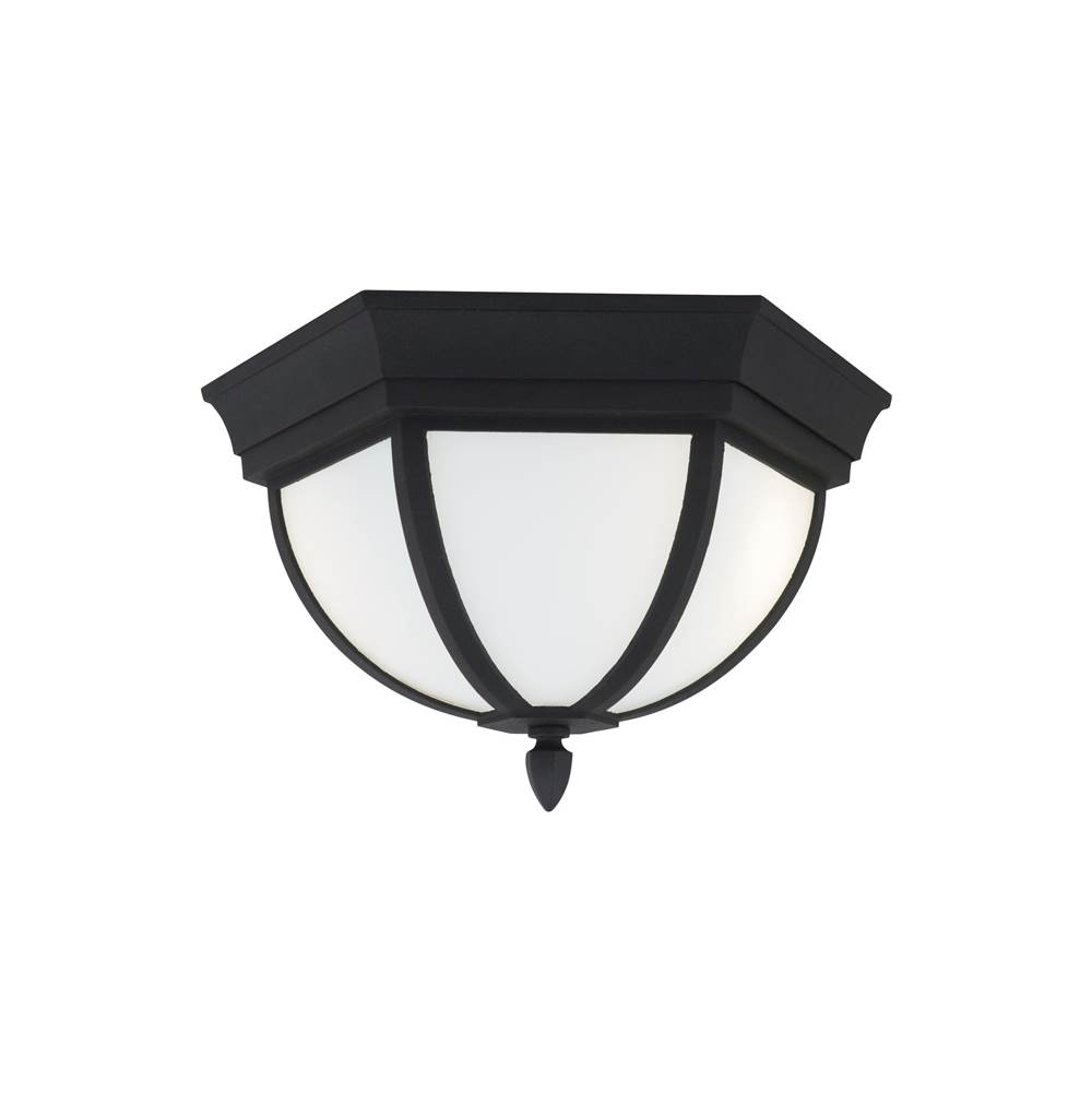 Generation Lighting Wynfield Traditional 2-Light Led Outdoor Exterior Ceiling Ceiling Flush Mount In Black Finish With Etched White Glass Panels