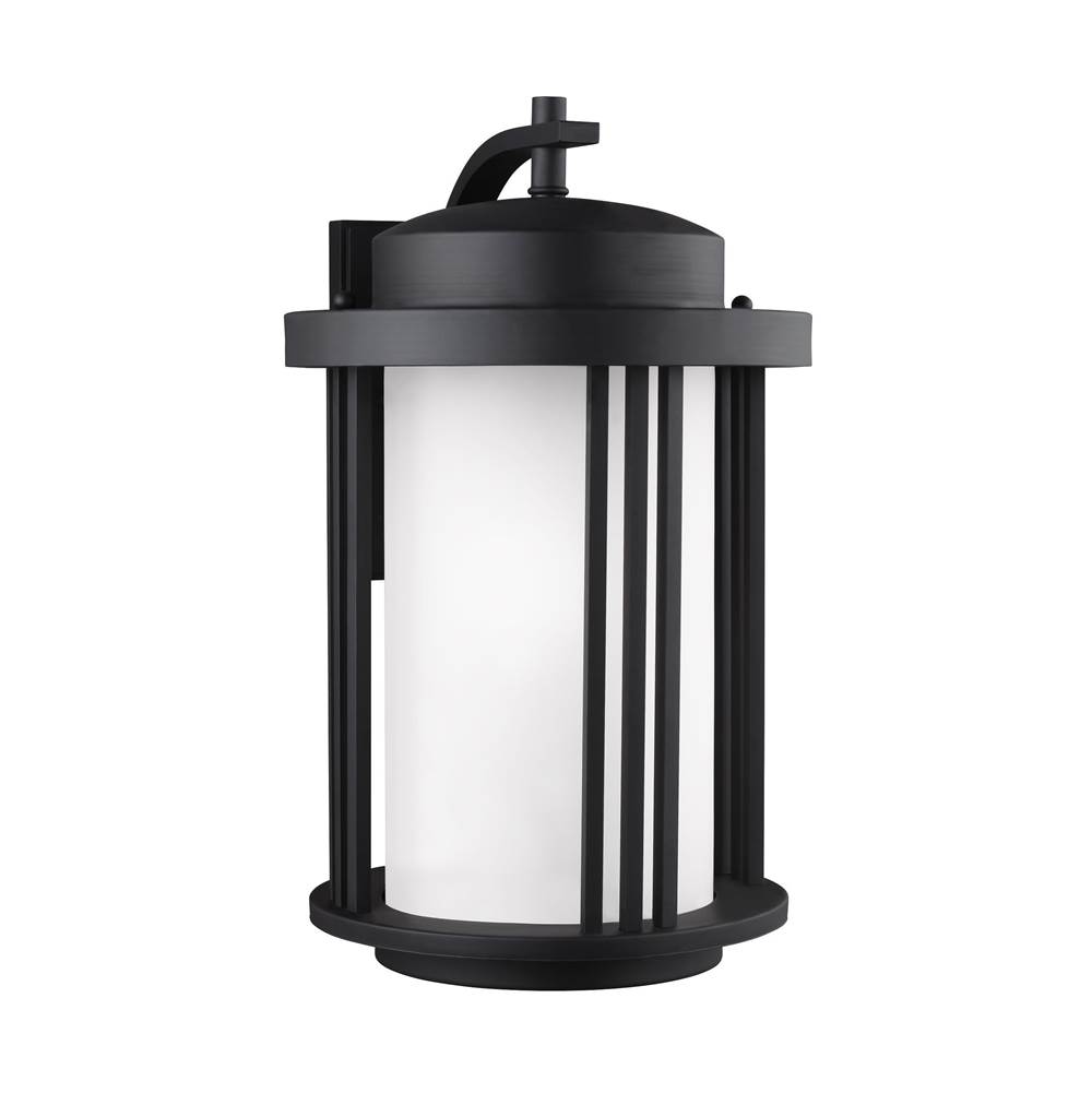 Generation Lighting Crowell Contemporary 1-Light Outdoor Exterior Large Wall Lantern Sconce In Black Finish With Satin Etched Glass Shade