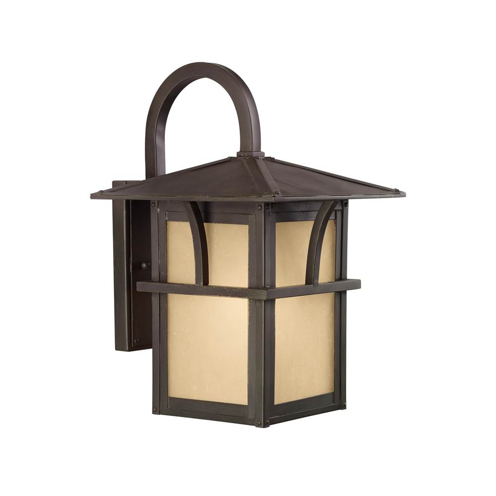 Generation Lighting Medford Lakes Transitional 1-Light Outdoor Exterior Medium Wall Lantern Sconce In Statuary Bronze Finish W/Etched Hammered W/Light Amber Glass Panels