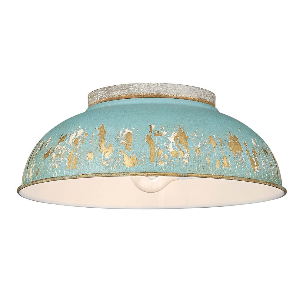 Golden Lighting Kinsley Flush Mount in Aged Galvanized Steel with Antique Teal Shade Shade