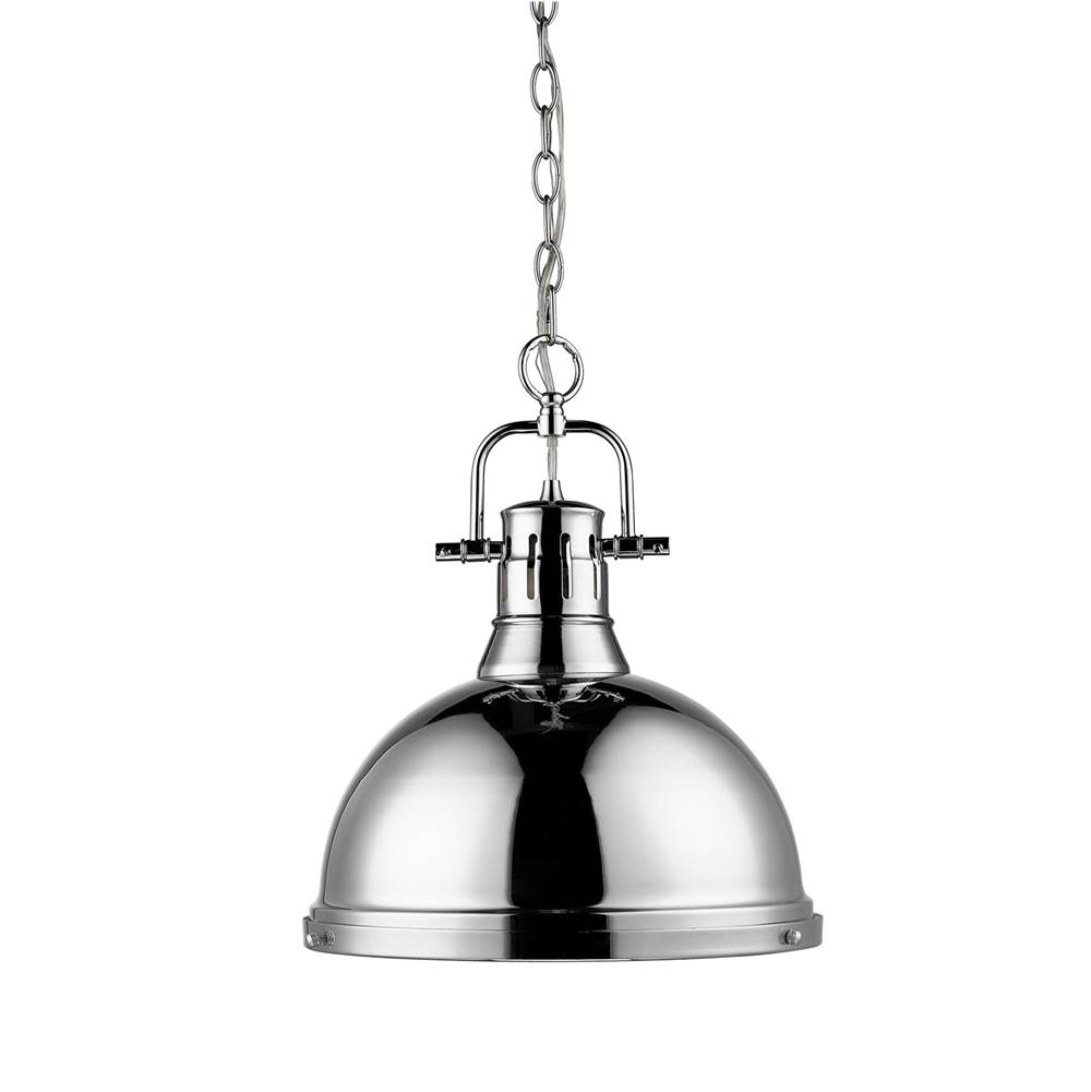 Golden Lighting Duncan 1 Light Pendant with Chain in Chrome with a Chrome Shade