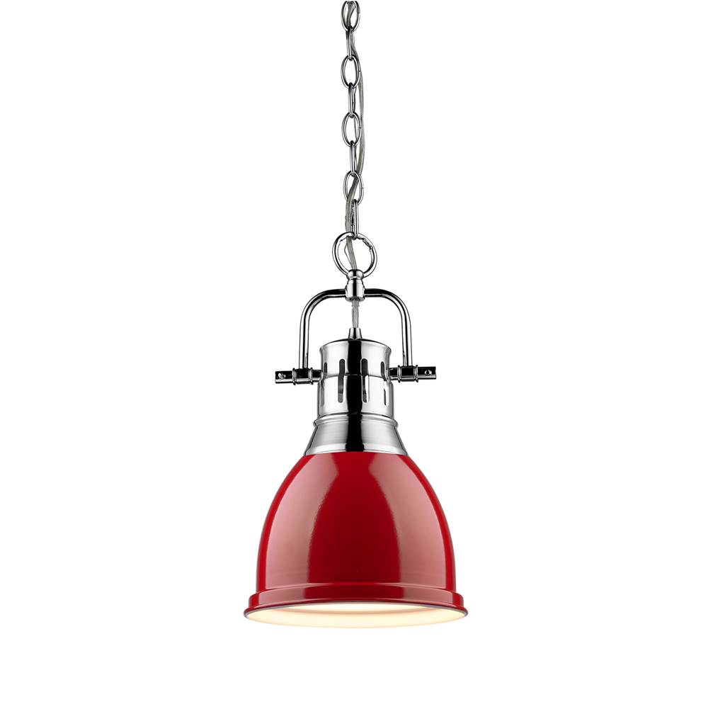Golden Lighting Duncan Small Pendant with Chain in Chrome with a Red Shade
