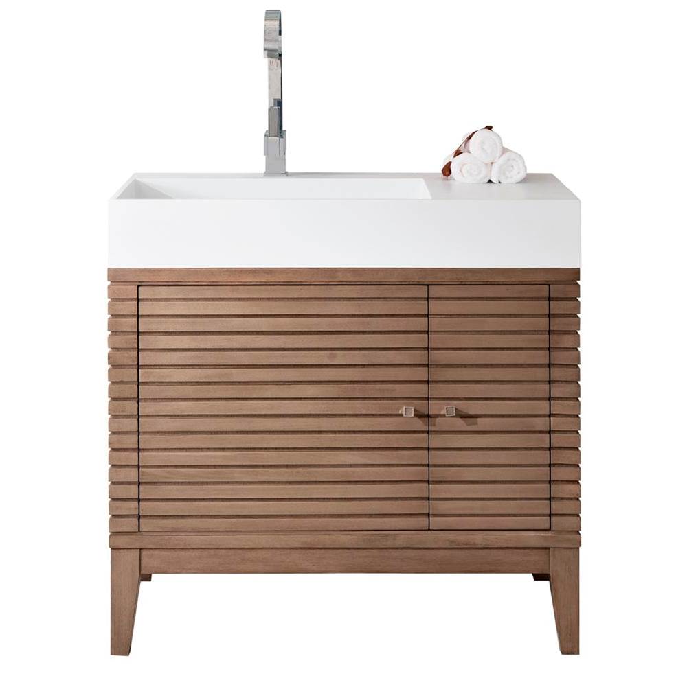 James Martin Vanities Linear 36'' Single Vanity Whitewashed Walnut w/ Glossy White Composite Top