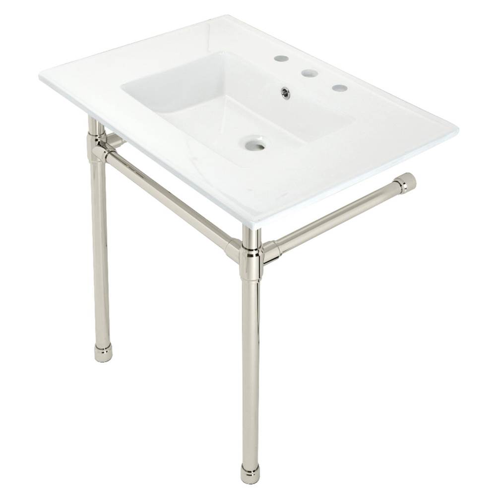 Kingston Brass Dreyfuss 31'' Console Sink with Stainless Steel Legs (8-Inch, 3 Hole), White/Polished Nickel