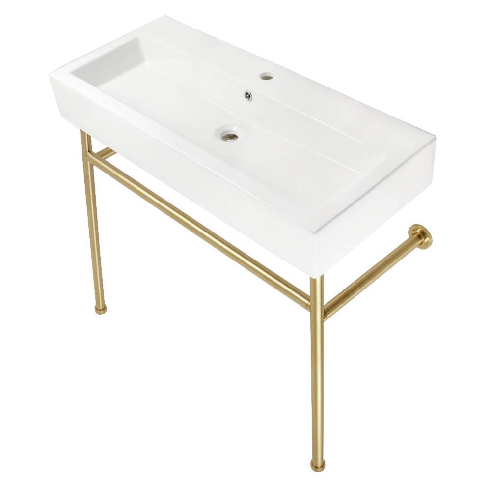 Kingston Brass Fauceture VPB39177ST New Haven 39'' Porcelain Console Sink with Stainless Steel Legs (Single-Hole), White/Brushed Brass