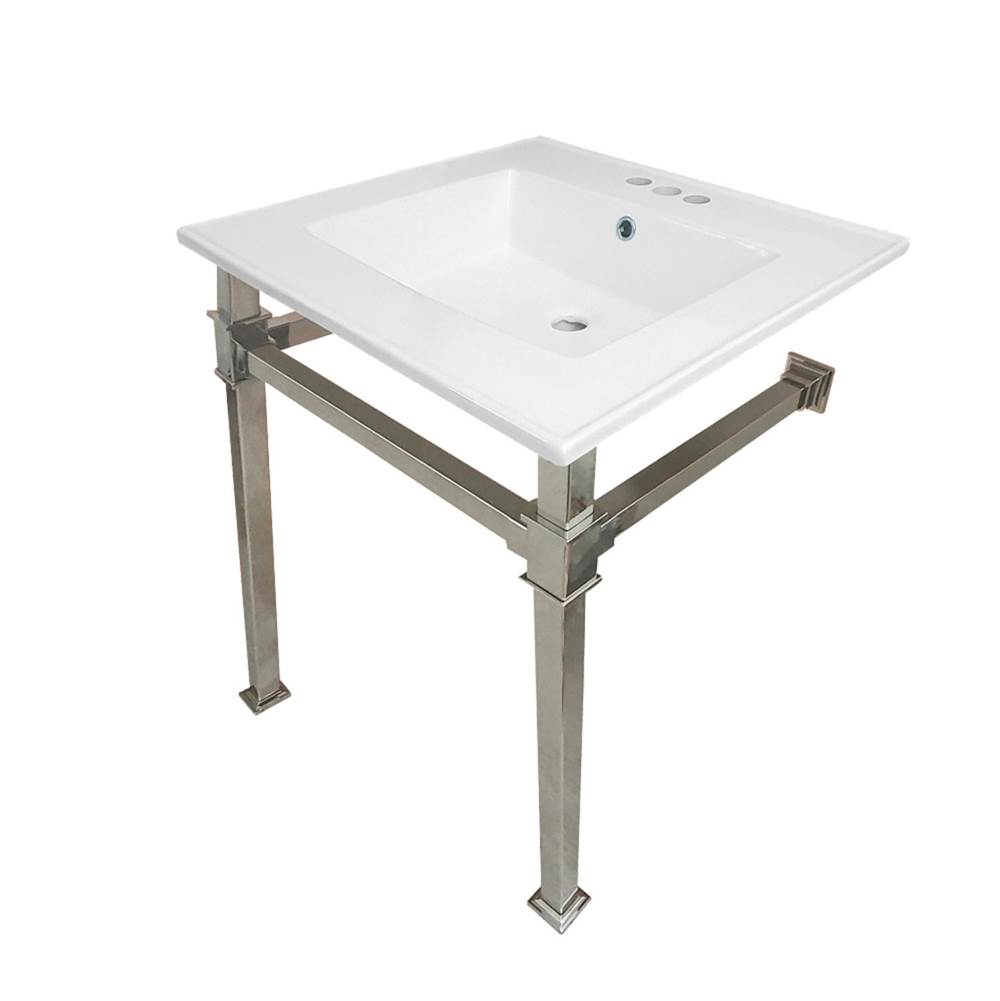 Kingston Brass Monarch 25-Inch Ceramic Console Sink (4'' Faucet Drilling), White/Polished Nickel