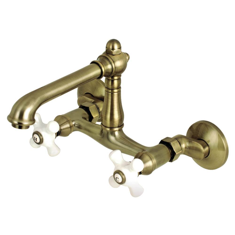 Kingston Brass English Country 6-Inch Adjustable Center Wall Mount Kitchen Faucet, Antique Brass