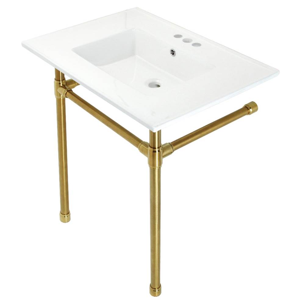 Kingston Brass Dreyfuss 31'' Console Sink with Stainless Steel Legs (4-Inch, 3 Hole), White/Brushed Brass