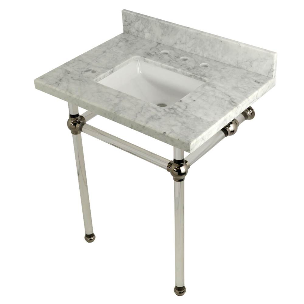Kingston Brass Templeton 30'' x 22'' Carrara Marble Vanity Top with Clear Acrylic Console Legs, Carrara Marble/Polished Nickel