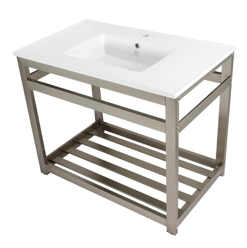 Kingston Brass Fauceture Quadras 37-Inch Ceramic Console Sink (1-Hole), White/Brushed Nickel
