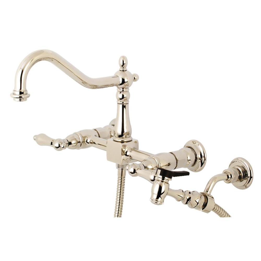 Kingston Brass Heritage Wall Mount Bridge Kitchen Faucet with Brass Spray, Polished Nickel
