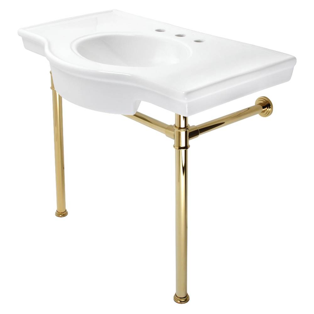 Kingston Brass Templeton 37'' Ceramic Console Sink with Stainless Steel Legs, White/Polished Brass