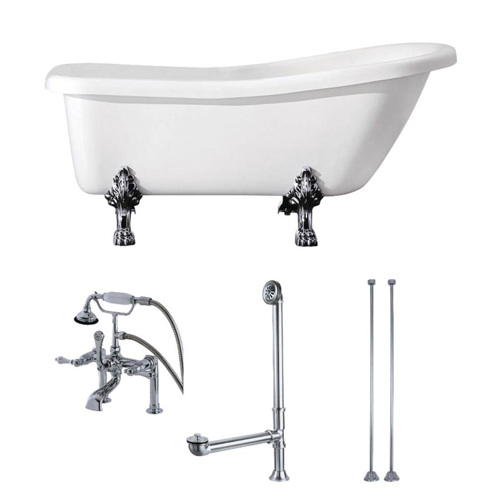 Kingston Brass Aqua Eden 67-Inch Acrylic Single Slipper Clawfoot Tub Combo with Faucet and Supply Lines, White/Polished Chrome