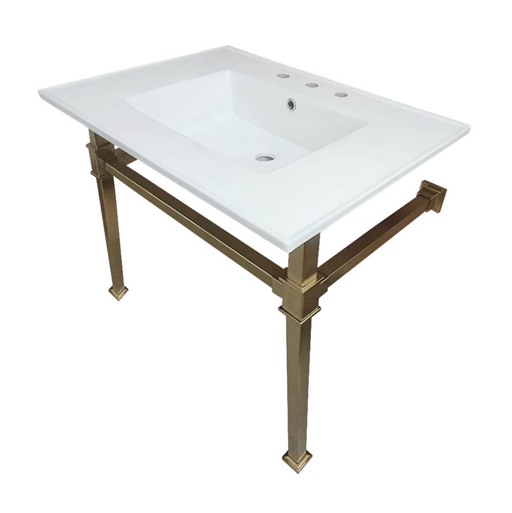 Kingston Brass Monarch 31-Inch Ceramic Console Sink (8'' Faucet Drilling), White/Brushed Brass