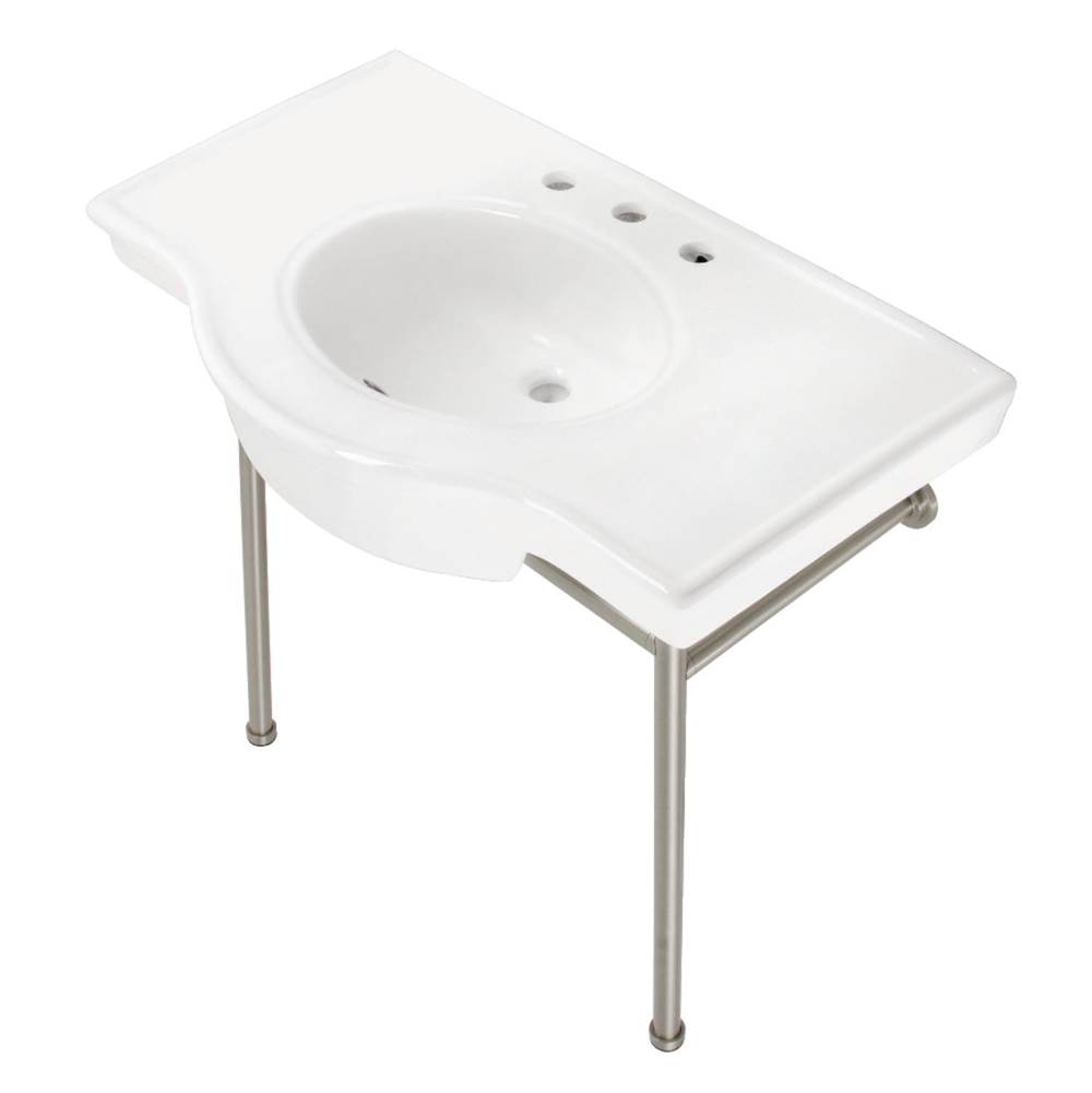 Kingston Brass Fauceture VPB28140W8BN Manchester 37'' Ceramic Console Sink with Stainless Steel Legs, White/Brushed Nickel