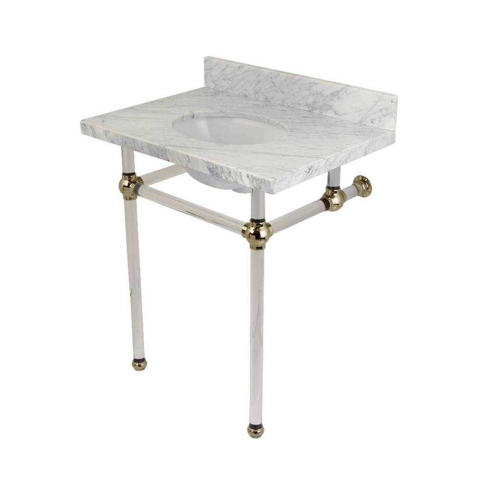 Kingston Brass Templeton 30'' x 22'' Carrara Marble Vanity Top with Clear Acrylic Console Legs, Carrara Marble/Polished Nickel