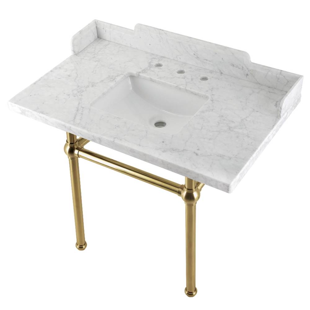 Kingston Brass Kingston Brass LMS3630MBSQ7 Pemberton 36'' Carrara Marble Console Sink with Brass Legs, Marble White/Brushed Brass