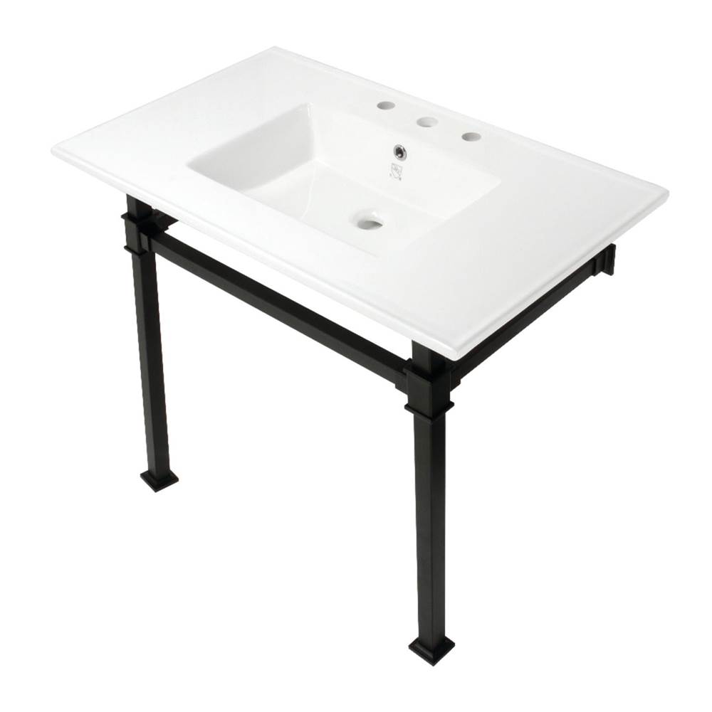 Kingston Brass Monarch 37-Inch Console Sink with Stainless Steel Legs (8-Inch, 3 Hole), White/Matte Black