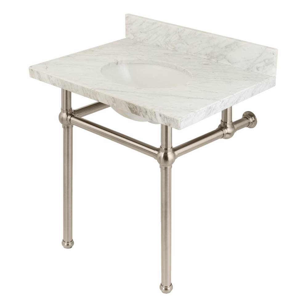 Kingston Brass Templeton 30'' x 22'' Carrara Marble Vanity Top with Brass Console Legs, Carrara Marble/Brushed Nickel