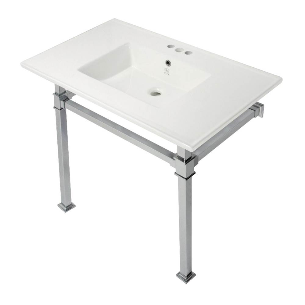 Kingston Brass Monarch 37-Inch Console Sink with Stainless Steel Legs (4-Inch, 3 Hole), White/Polished Chrome