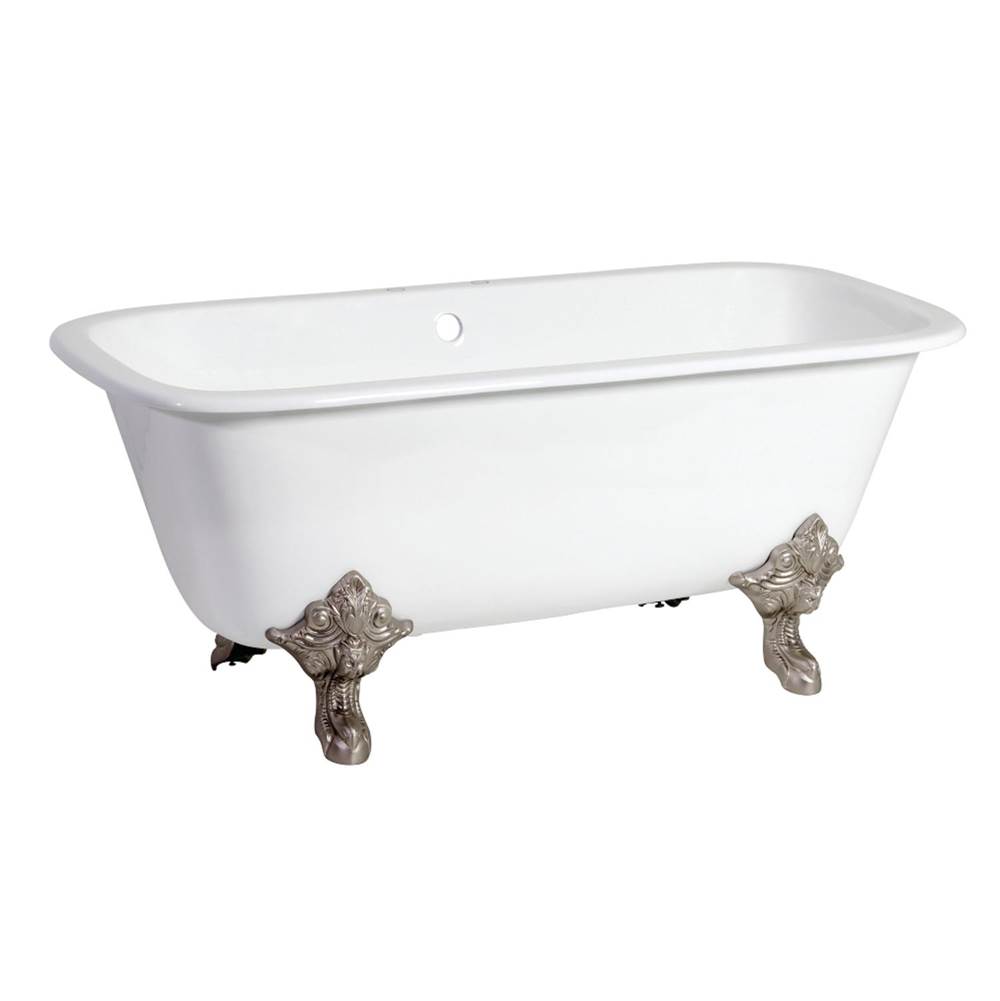 Kingston Brass Aqua Eden 67-Inch Cast Iron Double Ended Clawfoot Tub with 7-Inch Faucet Drillings, White/Brushed Nickel