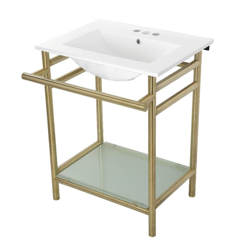 Kingston Brass 24-Inch Ceramic Console Sink (4-Inch, 3-Hole), White/Brushed Brass