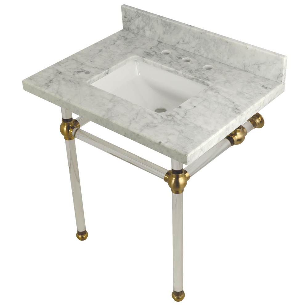Kingston Brass Templeton 30'' x 22'' Carrara Marble Vanity Top with Clear Acrylic Console Legs, Carrara Marble/Brushed Brass