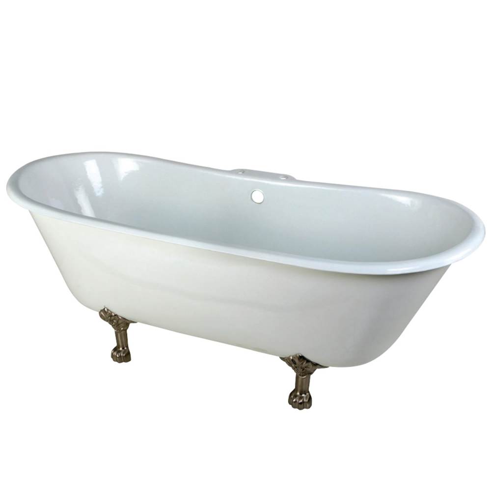 Kingston Brass Aqua Eden 67-Inch Cast Iron Double Slipper Clawfoot Tub with 7-Inch Faucet Drillings, White/Brushed Nickel