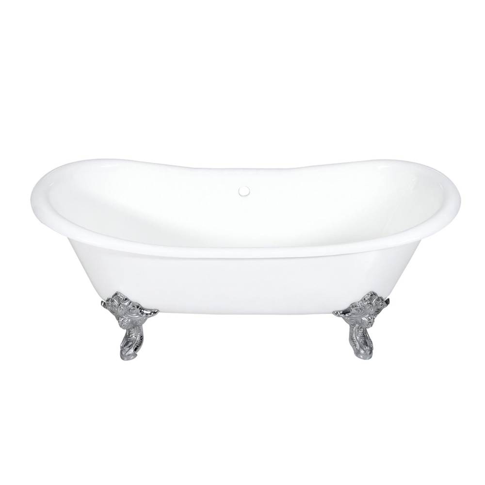Kingston Brass Aqua Eden 72-Inch Cast Iron Double Slipper Clawfoot Tub (No Faucet Drillings), White/Polished Chrome