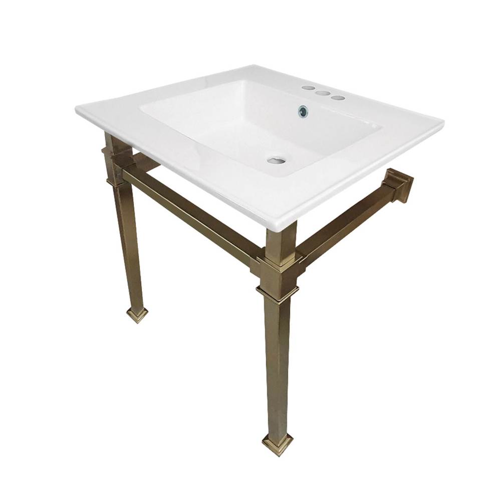 Kingston Brass Monarch 25-Inch Ceramic Console Sink (4'' Faucet Drilling), White/Brushed Brass