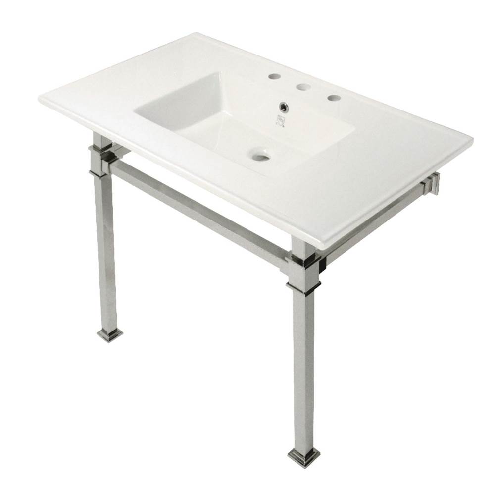 Kingston Brass Monarch 37-Inch Console Sink with Stainless Steel Legs (8-Inch, 3 Hole), White/Polished Nickel
