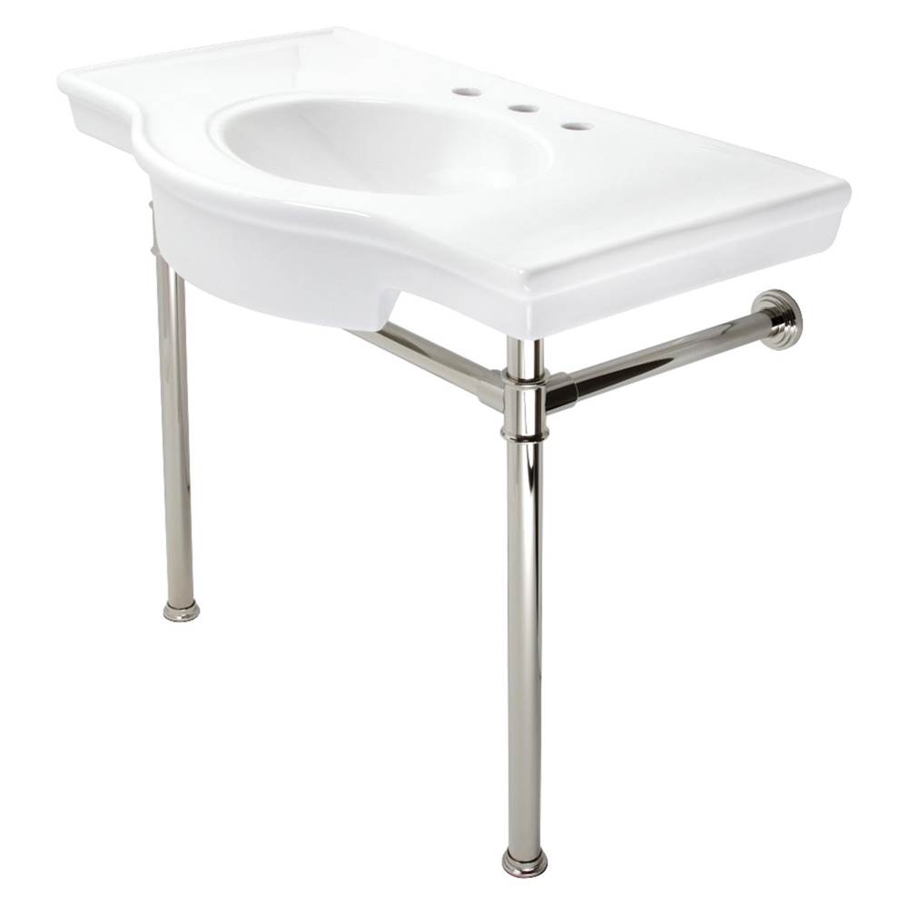 Kingston Brass Templeton 37'' Ceramic Console Sink with Stainless Steel Legs, White/Polished Nickel
