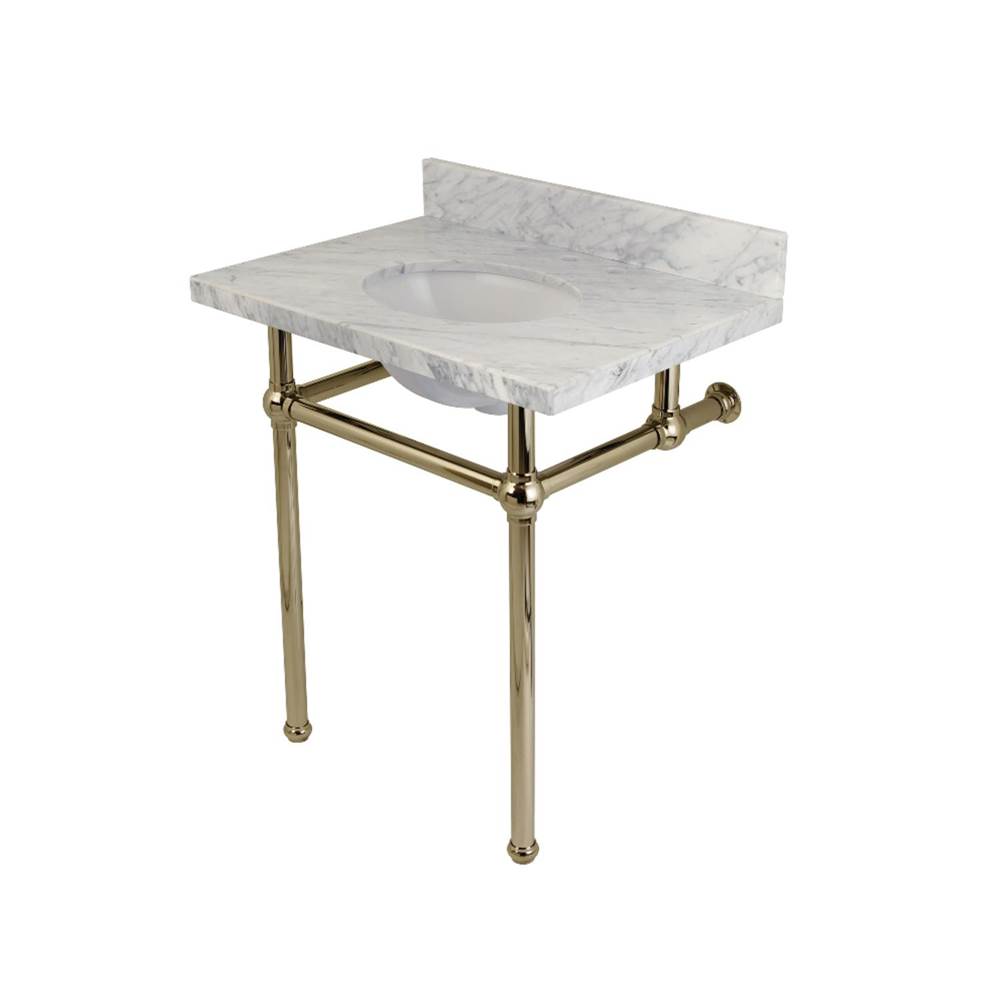 Kingston Brass Templeton 30'' x 22'' Carrara Marble Vanity Top with Brass Console Legs, Carrara Marble/Polished Nickel