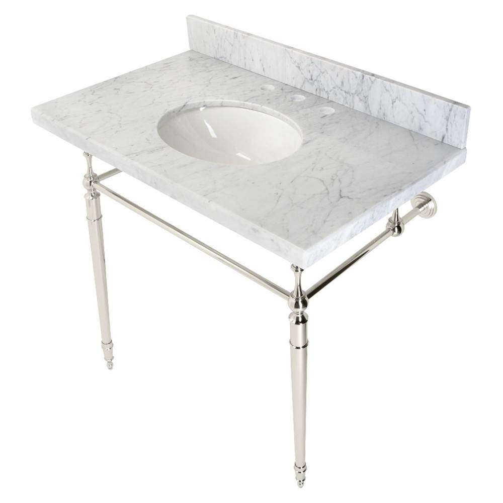 Kingston Brass Edwardian 36'' Console Sink with Brass Legs (8-Inch, 3 Hole), Marble White/Polished Nickel