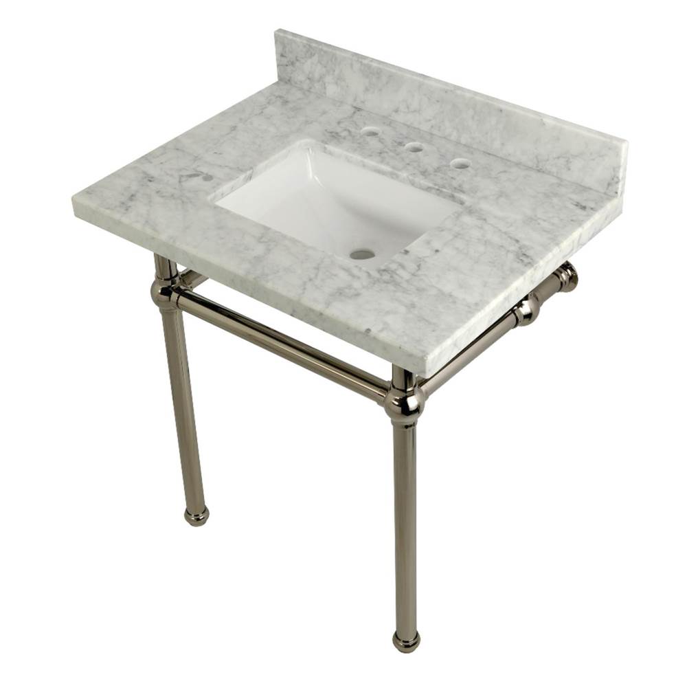 Kingston Brass Templeton 30'' x 22'' Carrara Marble Vanity Top with Brass Console Legs, Carrara Marble/Polished Nickel