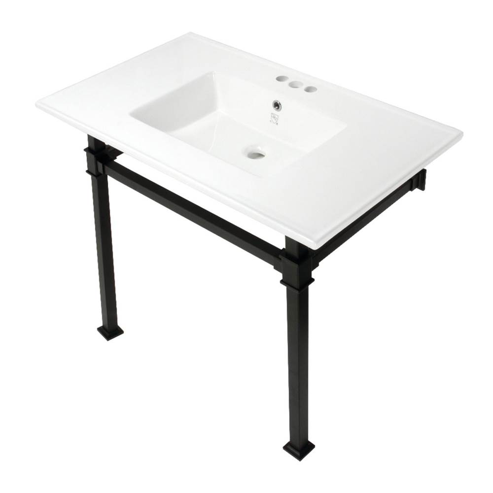 Kingston Brass Monarch 37-Inch Console Sink with Stainless Steel Legs (4-Inch, 3 Hole), White/Matte Black