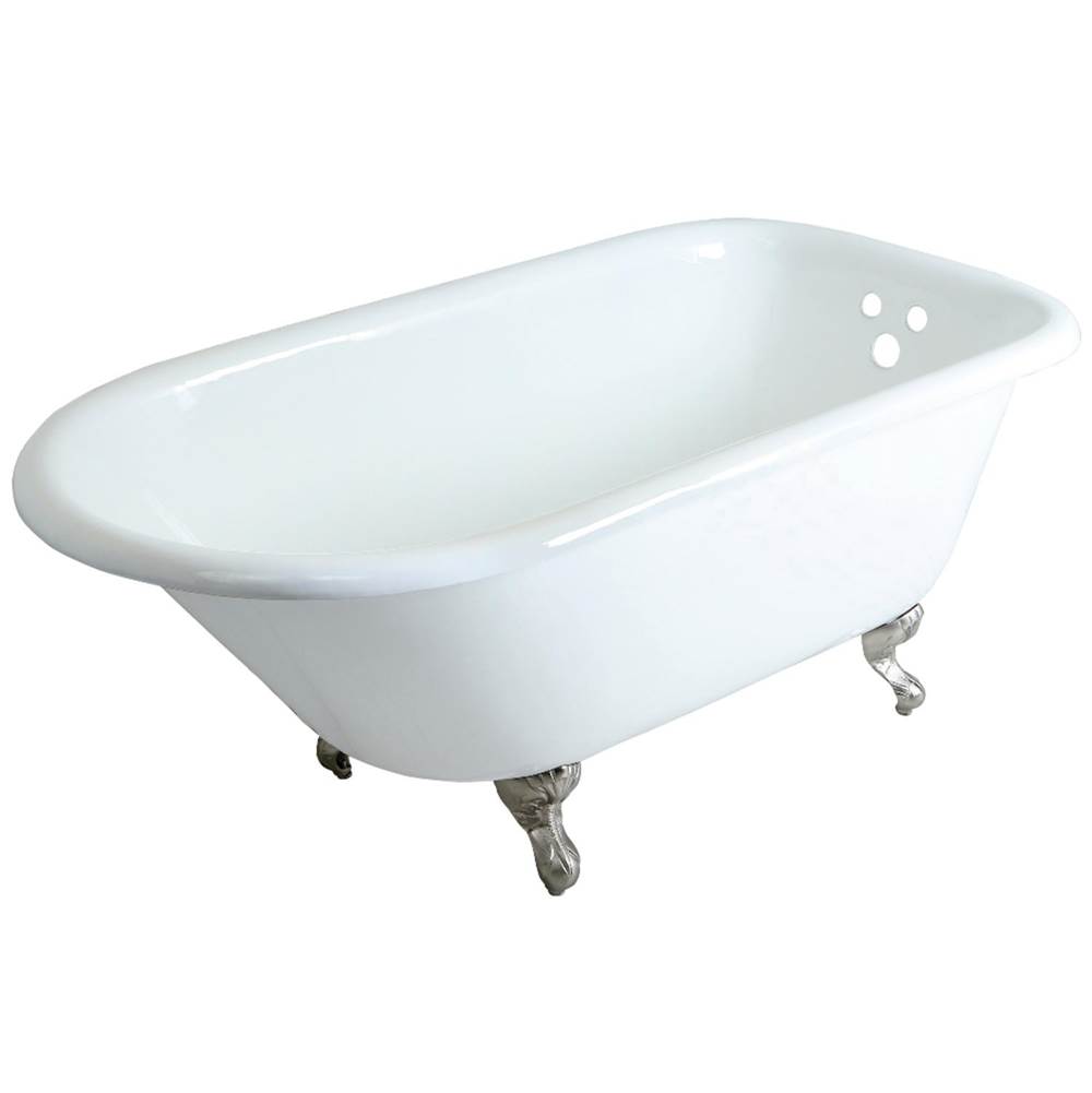 Kingston Brass Aqua Eden 60-Inch Cast Iron Roll Top Clawfoot Tub with 3-3/8 Inch Wall Drillings, White/Brushed Nickel