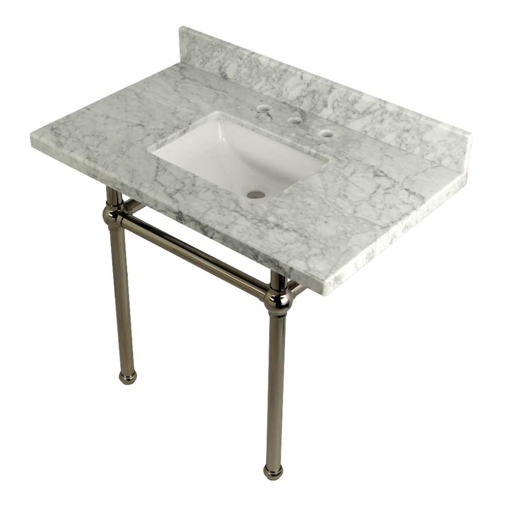 Kingston Brass Templeton 36'' x 22'' Carrara Marble Vanity Top with Brass Console Legs, Carrara Marble/Polished Nickel