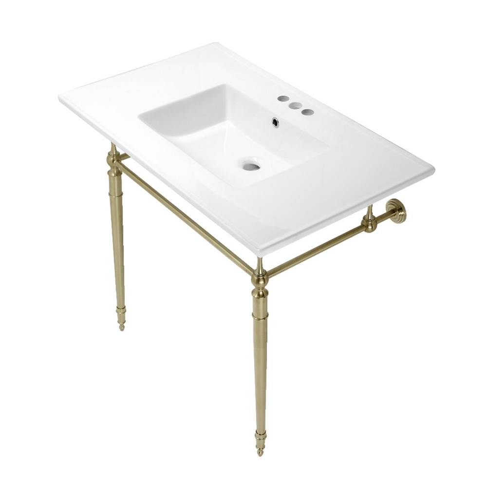 Kingston Brass Edwardian 37-Inch Console Sink with Brass Legs (4-Inch, 3 Hole), White/Brushed Brass