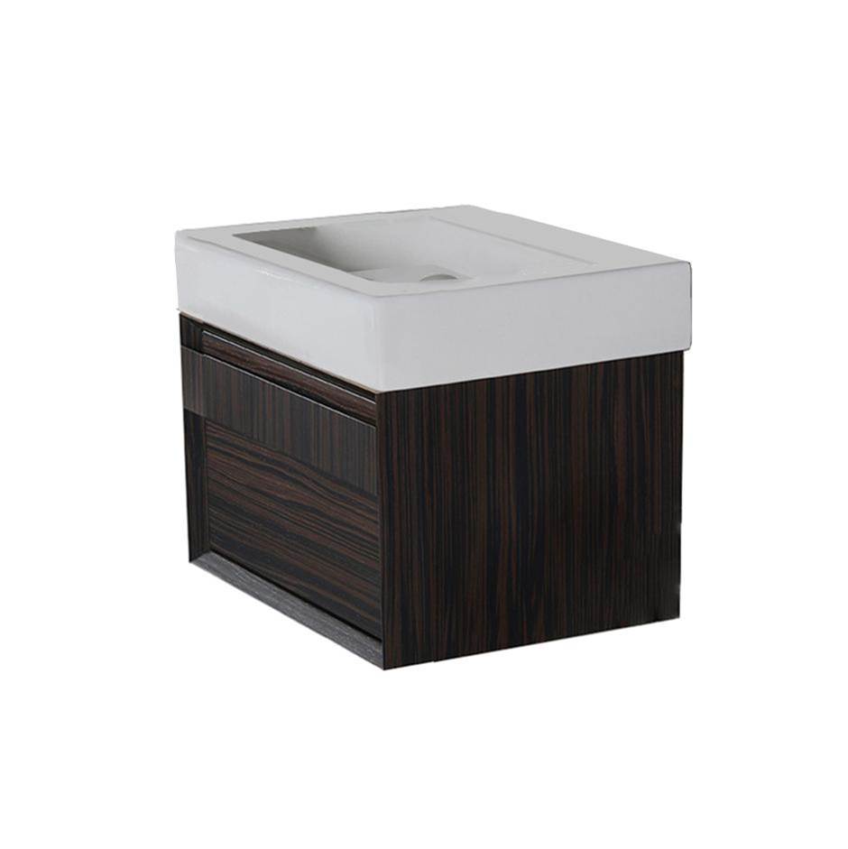 Lacava Wall-mount under-counter vanity with finger pulls on one drawer, the drawer has U-shaped notch for plumbing. W: 16 1/4'', D: 14 1/4'', H: 12''.