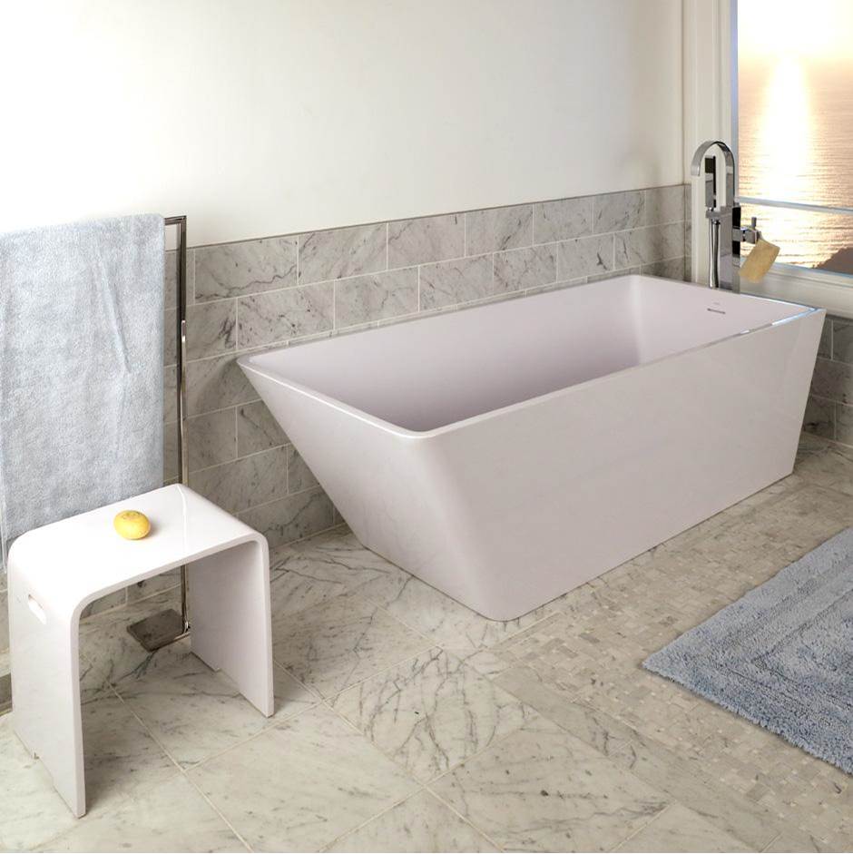 Lacava Free-standing soaking bathtub made of white solid surface with an overflow and polished chrome drain, net weight 440lbs, water capacity 112 gal.