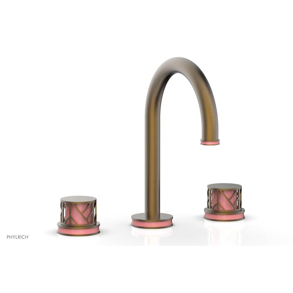 Phylrich Polished Brass Uncoated (Living Finish) Jolie Widespread Lavatory Faucet With Gooseneck Spout, Round Cutaway Handles, And Pink Accents - 1.2GPM