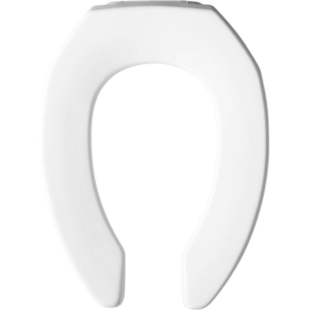 Bemis Elongated Commercial Plastic Open Front Less Cover Toilet Seat with STA-TITE Self-Sustaining Check Hinge and DuraGuard - White